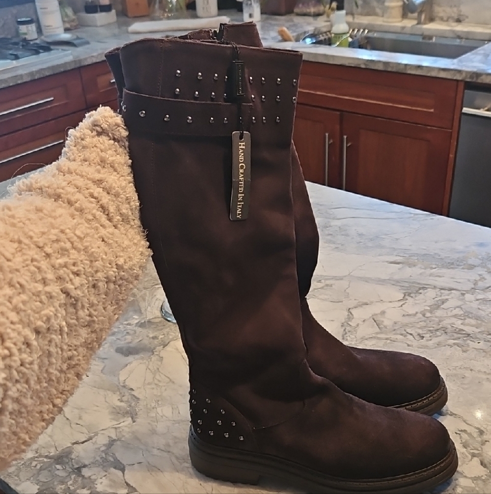 New, Never Worn Emanuele Crasto Brown Suede Knee-High Boots with Studded Details
